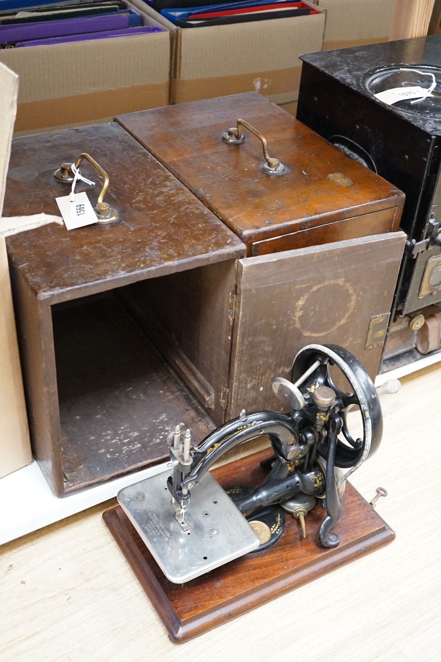 Two cased vintage portable sewing machines, Willcox and Gibbs, 32cms wide